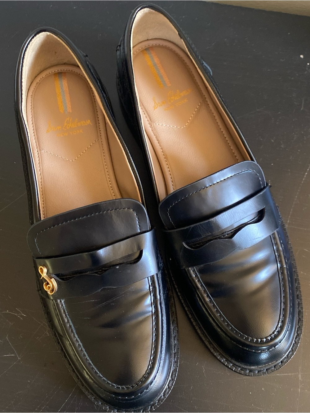 Sam Edelman Black Leather Penny Loafers with Gold Accent